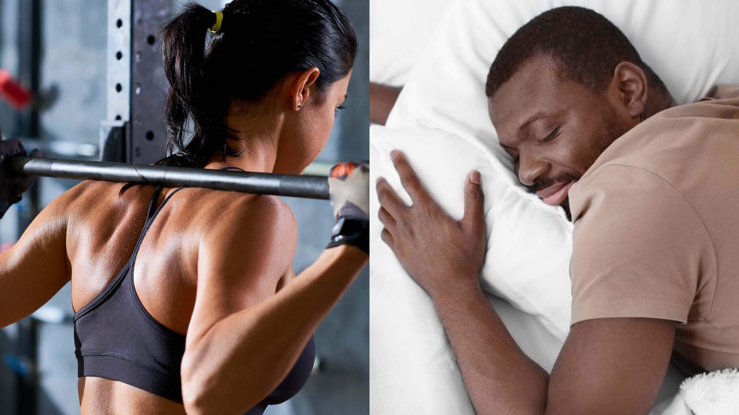 A woman working out with a barbell and a man sleeping in bed